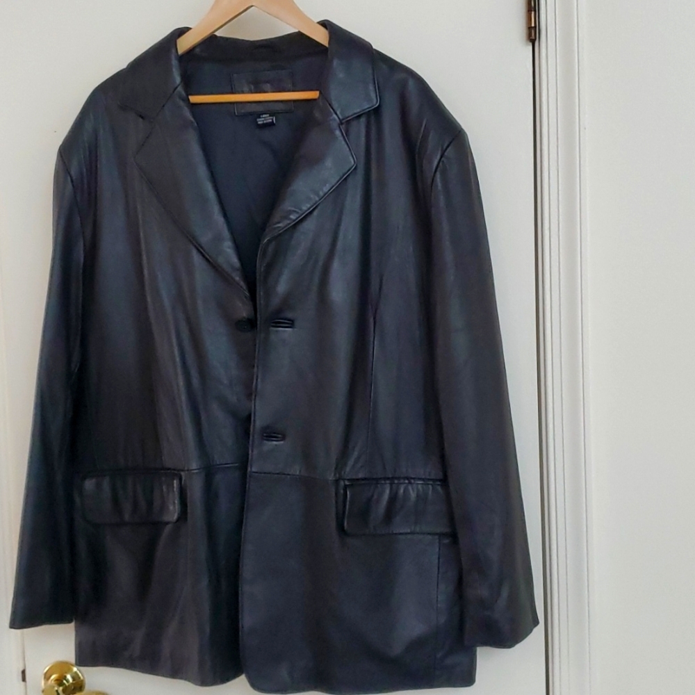 Men's black genuine leather size Large R blazer lined jacket 2 button